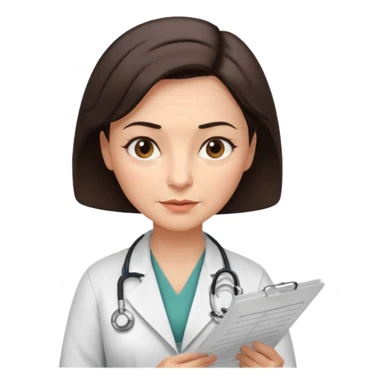 A female doctor in her 50s with visible facial wrinkles, dark brown short bob hair, her body turned slightly at an angle, with her gaze clearly directed downward and fixed on the medical chart she is reviewing. sticker