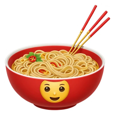 Chinese cuisine humanless avatar in bright emoji-style illustration. Noodles bowl, red and gold colors, simple shapes, flat design, bold and energetic. sticker