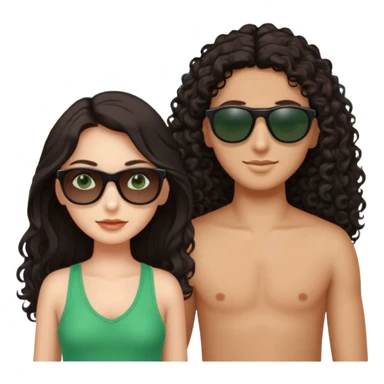 Two besties on the beach, black sunglasses, 1: long ironed straight darkbrown hair, green eyes, 2: long curly darkbrown hair, brown eyes  sticker