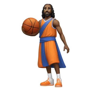 The black Jesus in Knicks uniform with a bald head, beard, and goatee, a white and orange cape…spinning a basketball on its head. sticker