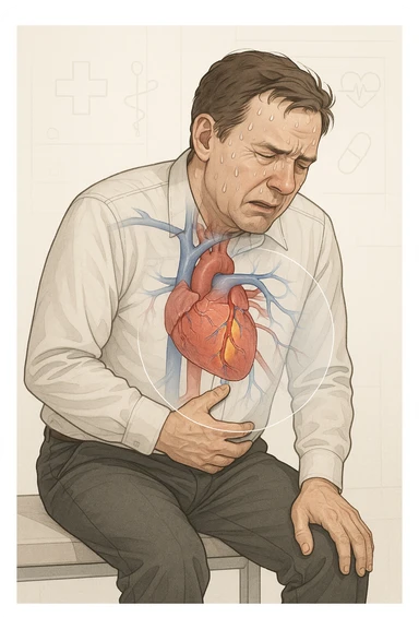 a middle-aged man sits on a bench, clutching his chest with a pained expression. His face is pale and sweaty, and his posture is hunched forward. A transparent overlay reveals his heart and major blood vessels, with highlighted areas indicating blockages or damage. The background is clean and clinical, with subtle medical icons. sticker