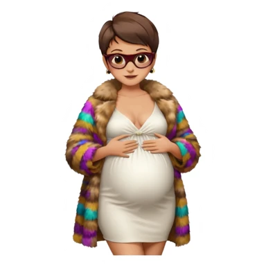 pregnant stylish woman with short pixie brunette hair happily touching her big belly while wearing white dress and fancy brown fur coat and colorful shades sticker
