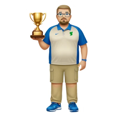  full body white obese male basketball coach with trophy. Goatee , Wearing glasses and blue and green nike polo shirt and khaki pants sticker