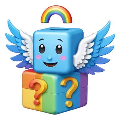  mainly blue and rainbow, the blue being the block itself. The rainbow parts are question marks, corner and smile. It has 2 white wings on each side like the other Lucky Blocks. sticker