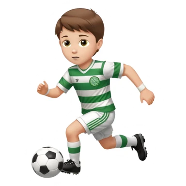 Celtic footballer jersey logo  6 years old brown hair white boy , brown eyes , stripes uniform , RUNNING  with soccer ball is number  17 celtic football logo  ONE CELTIC LOGO ONLY white shorts sticker