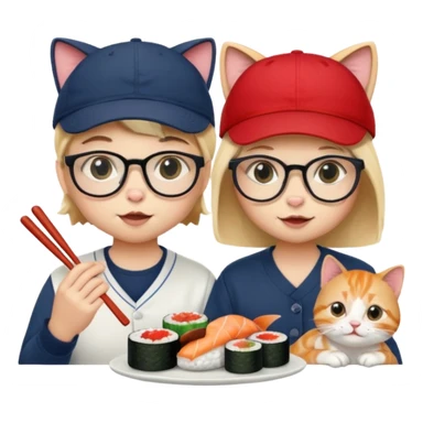 cute girl cat with glasses and a cute boy cat with a baseball cap eating sushi together sticker
