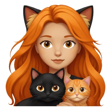 A long-haired girl holding a black cat and an orange long haired cat sticker