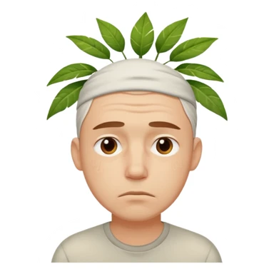 tired sad man with sweat on forehead, plant behind sticker