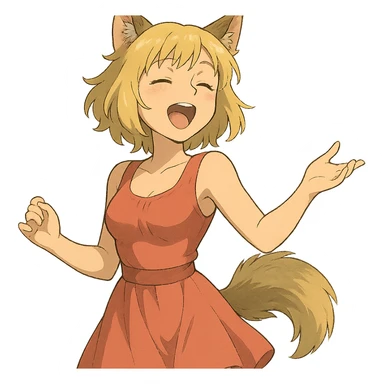 anime style furry girl with wolf ears and tail, short blonde hair, green eyes, hourglass figure, singing with joy, soft lighting, ghibli style sticker