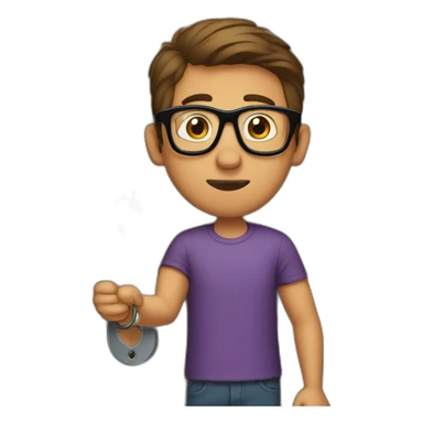 brown-short-haired man wearing glasses, struggling to fit a key into a door-lock sticker