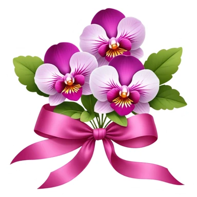 A bouquet of Orchid Pink pansies tied with a flowing Wild Strawberry ribbon. The vivid contrast of soft petals and bold silk creates a charming, romantic scene." sticker