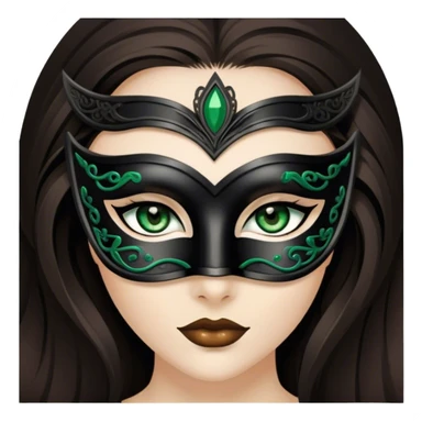 Greeneyed Woman with Long Dark brown hair wearing Black venetian mask sticker