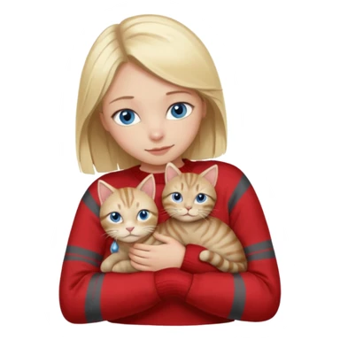 Blonde girl with blue eyes in red sweater cuddling with light grey tabby cat with dark grey stripes sticker