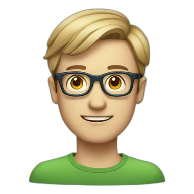 Chatty man, short hair, small thin glasses, blue-green eyes, geek sticker
