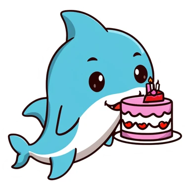 friendly shark with puckered lips kissing a decorated cake sticker