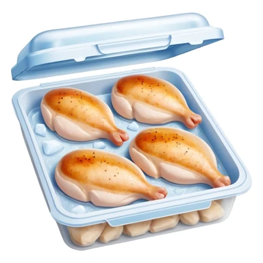 A pack of frozen chicken breasts inside a home freezer, sealed in clear plastic packaging with frost on the surface. The freezer shelves have other frozen items in the background, and cool white light reflects off the ice. Realistic photography, everyday kitchen scene. sticker
