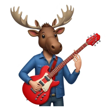  A man with the head of a moose playing a red electric guitar in Alaska. Give him a dark vibe and an attitude sticker