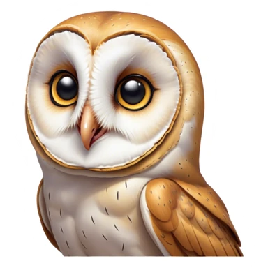 Cinematic Comical Barn Owl Portrait Emoji, Head tilted dramatically with an exaggeratedly amused expression, featuring a striking mottled plumage with bold contrasts, wide, expressive amber eyes filled with playful disbelief, Simplified yet hilariously expressive features, highly detailed, glowing with a slightly sassy glow, high shine, dramatic yet playful, stylized with an air of cheeky nocturnal mischief, bright and endearing, soft glowing outline, capturing the essence of a spirited and over-the-top owl, so meme-worthy it feels like it could hoot its way into internet fame instantly! sticker