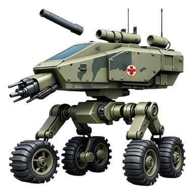 a roomy American 4-wheel armored medical personnel stealth camouflage army massive mech trail vehicle shooting forward side-hill leaning actively robotically articulating hydraulic independent suspended pod gimbal enemy mech off-road racing rover with large fast engine RC basher crawler megatron  sticker