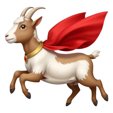 side view of white female goat wearing a read cape like superman sticker