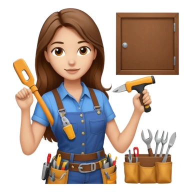 beautiful girl with long brown hair constructing new kitchen cabinets sticker