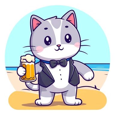 cat in a tuxedo drinking beer on the beach sticker
