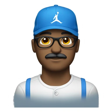 Homme blanc avec une moustache portant des lunettes bleues , une casquette jordan bleu , un survêtement bleu sticker