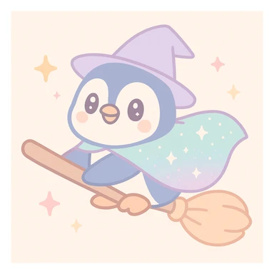 a playful penguin wizard flying on a broomstick, with a sparkling cape and magical effects sticker