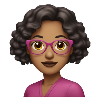 brunette woman with brown eyes, black, wavy hair, with pink glasses and short pink lips sticker