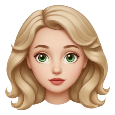 Generate an emoji of a white girl with a round face structure, light brown almost blonde loose curls, large forehead, brown arched brows, almond big green eyes with a lil blue in them, large rosy cheekbones and big rosy lips and a jawline sticker