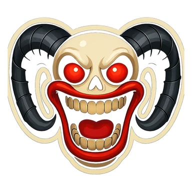 Create a bold, high-contrast logo in retro sticker style combining the main subject and features from both reference images. Include the ram-horned skull, red eyes, and wide mouth in a clean, iconic sticker-like design. Keep the subject fully inside the image borders with a strong, graphic look. sticker