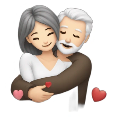 Man with gray hair and white beard hugs woman with dark brown hair with floating hearts sticker