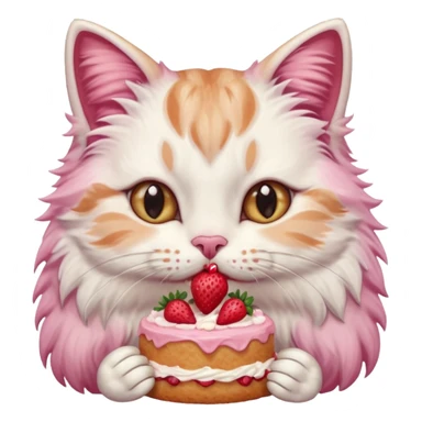Close-up portrait of a fluffy cat eating a strawberry cake, pink cream on its nose and whiskers, detailed fur texture, soft natural light, shallow depth of field, high resolution, cute and candid moment
, sticker