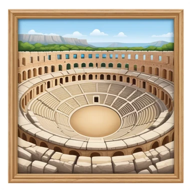 Cinematic Realistic Pula Arena Landmark Emoji, showcasing the ancient Roman amphitheater rendered with detailed weathered stone textures and dramatic lighting. sticker