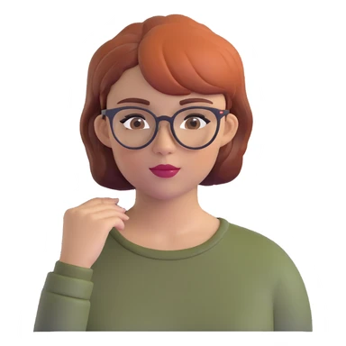woman in her 20s with auburn pixie cut (side part) and glasses sticker