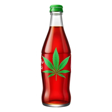 Curved Coca-Cola style glass bottle in red with a green cannabis leaf printed on it and labeled "red pop" sticker
