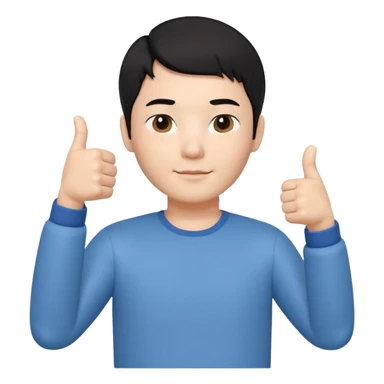3D avatar of a Korean male frontend developer,
short black hair with clean 5:5 middle part,
no glasses,
one hand making thumbs up gesture,
calm and friendly expression,
minimal professional style sticker