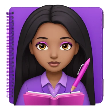 Une fille noir au cheveux lisse qui est entrain d’écrire avec un stylo rose sur un cahier violet cheveux long et lisse avec des jolis yeux et un beau makeup sticker