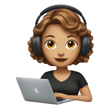 women with fair skin and brown wavy hair developing on a macbook with headset on, wearing a black t-shirt sticker