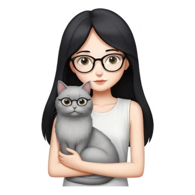Skinny woman with oval glasses, long straight black hair, wearing white sleeveless top, hugging a grey Persian-Angora cat, plain background sticker