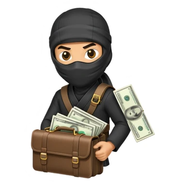 Stealthy ninja holding open money briefcase showing cash inside sticker