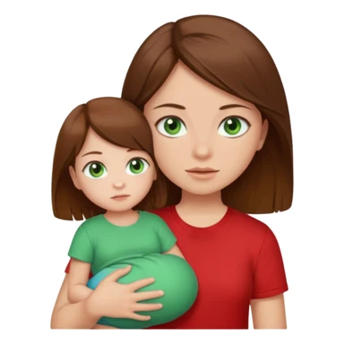 a girl with brown strait hair and has baby green eyes has a red t-shirt no baby sticker