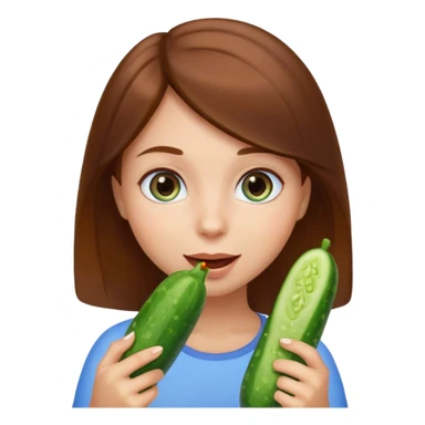 I want a brown hair blue eyes girl emoji, sucking a cucumber and holding two more in her hands sticker