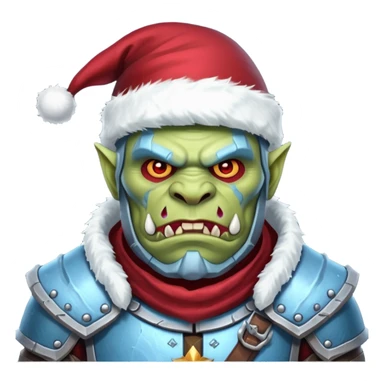 
Fantasy Christmas orc legion soldier icon, iron tundra army theme, heavy winter armor, disciplined brutal look, icy blue steel armor with deep crimson accents, frozen metal texture, cold winter atmosphere, male variant sticker