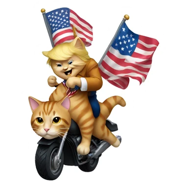 Donald Trump riding a cat holding an American flag sticker