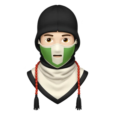 Deconstructed off-white balaclava with frayed layers, rope tassels, subtle embroidery. Studio photo, white bg, soft light. Streetwear luxury style.
 sticker