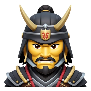 clash-of-clans-aesthetic_-cinematic-fearsome-and-majestic-samurai-bust-portrait-emoji, rendered in a flat, vector-style with minimal shading and bold, simplified shapes typical of emoji art, depicting a battle-hardened samurai with black mask and traditional black Japanese armor. The samurai is riding a noble grey warhorse adorned with an intricately designed saddle and fluttering banners and a rising sun. a samurai riding on a  horse zoomed in sticker