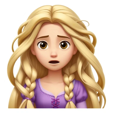Cinematic Funny Rapunzel Portrait Emoji, Looking exhausted while tangled in her own hair, a dramatic sigh, eyes rolling with humorous exasperation, a hilariously relatable moment for the long-haired princess! sticker