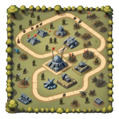 An icon showing a strategic battle scene with a top-down view of an army, inspired by classic strategy games. The interface displays unit icons, a minimap, and resource counters. Soldiers and siege weapons engage in combat on detailed terrain. Transparent background. sticker