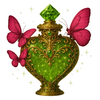 Enhance the bottle in the image by adding luxurious details such as elegant golden accents, intricate filigree, and small gemstones to make it look more opulent and impressive. Keep the composition and number of pink butterflies, the #c0ff53 glitter liquid, magical dust, crystal neck, and maintain the transparent background as PNG. sticker